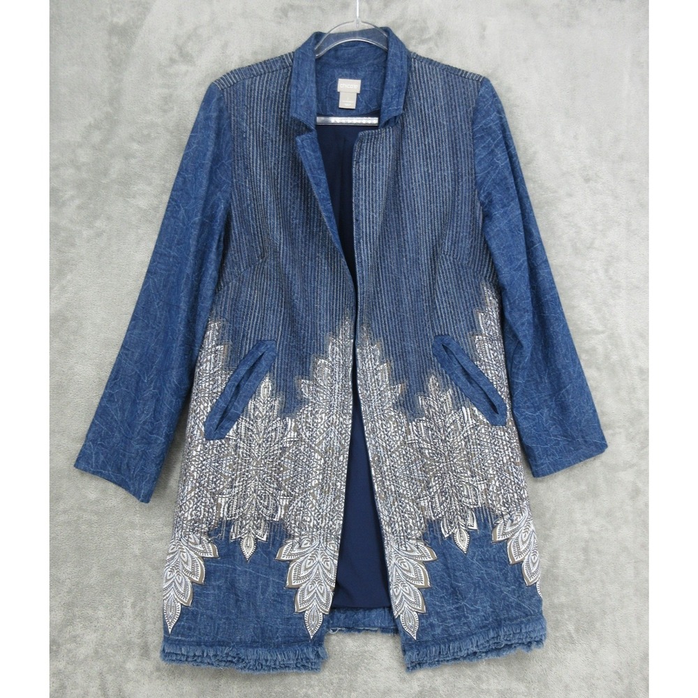 Chicos Jacket Womens 1 US Medium 8 Denim Embroidered Distressed Boho Western